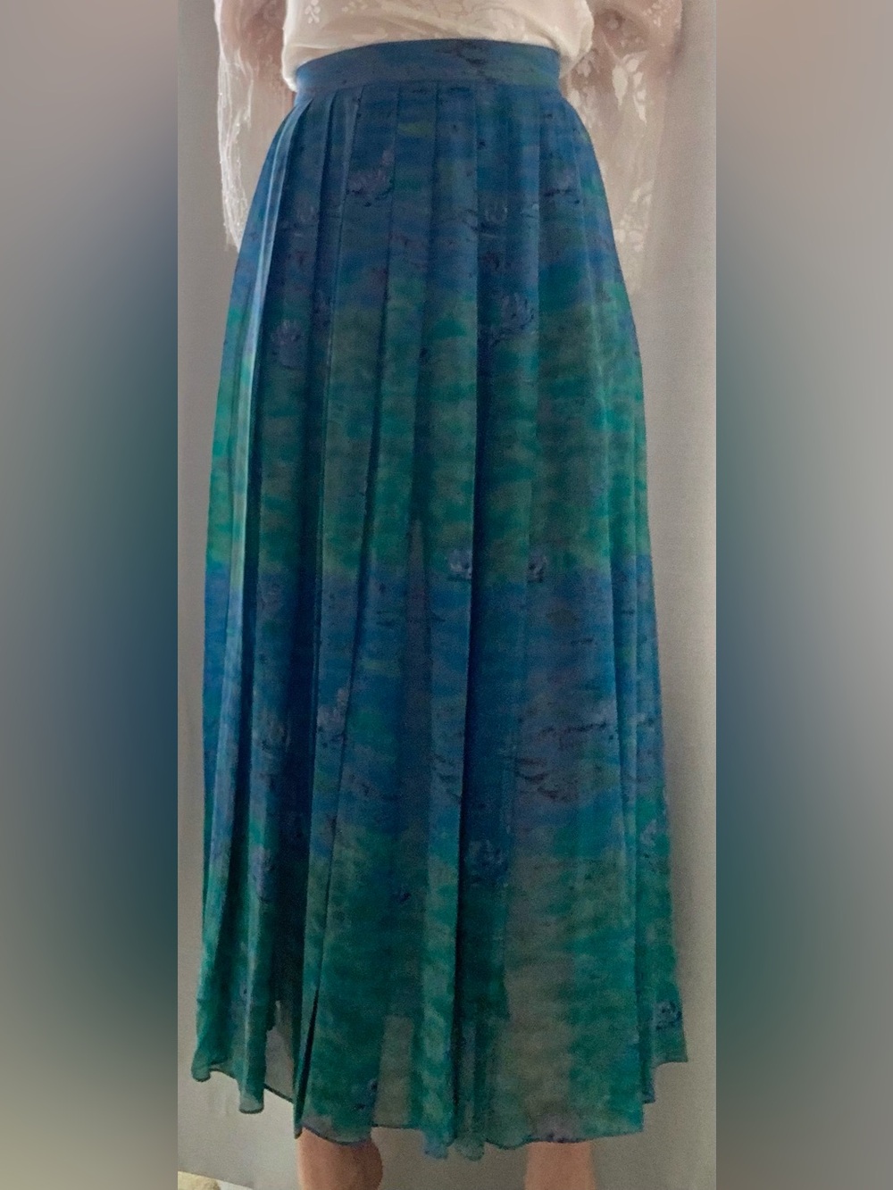 Vintage Silk Perry Ellis Blue Green Floral Pleated Maxi Skirt - Picture 5 of 6